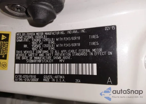 2015 Toyota Highlander Le V6 из США, поврежденный, VIN 5TDBKRFH8FS134331